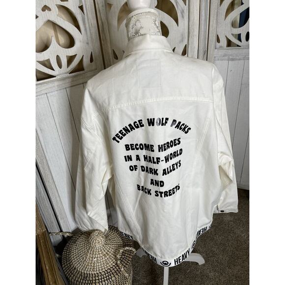 New! Last Heavy Mens XL Made in USA White Denim Jean Jacket ‘Teenage Wolf Pack’ - Picture 6 of 9